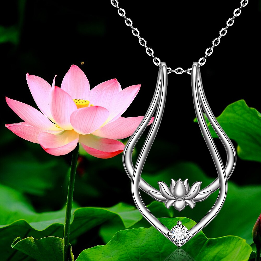 Lotus Flower Ring Holder Necklace 925 Sterling Silver Wedding Engagement Magic Secure Yoga Cute Necklaces for Women Girls