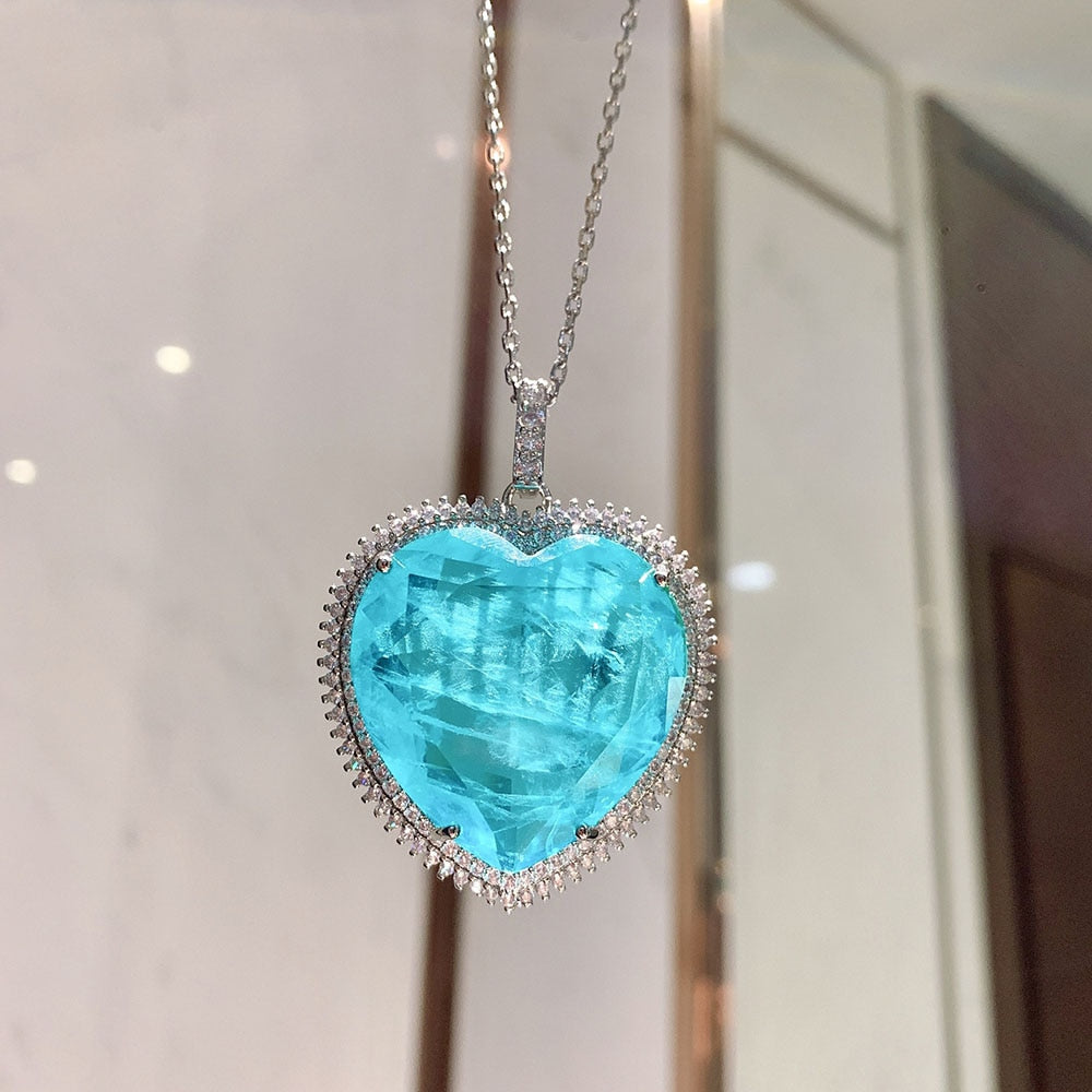 2021 32*32mm Heart Blue Crystal Paraiba Tourmaline Moissanite Gemstone Pendant Necklace for Women Fine Jewelry Anniversary Gift - Charlie Dolly