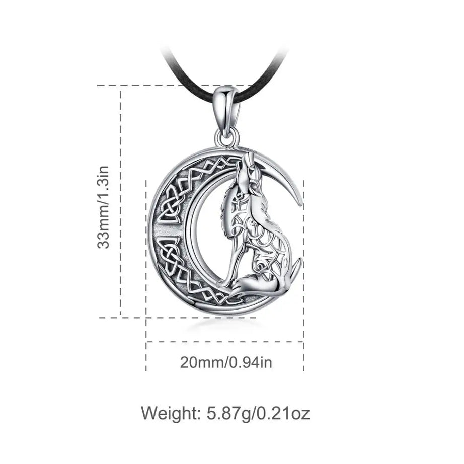 S925 Sterling Silver Wolf & Moon Pendant Necklace, Valknut Odin Norse Viking Amulet