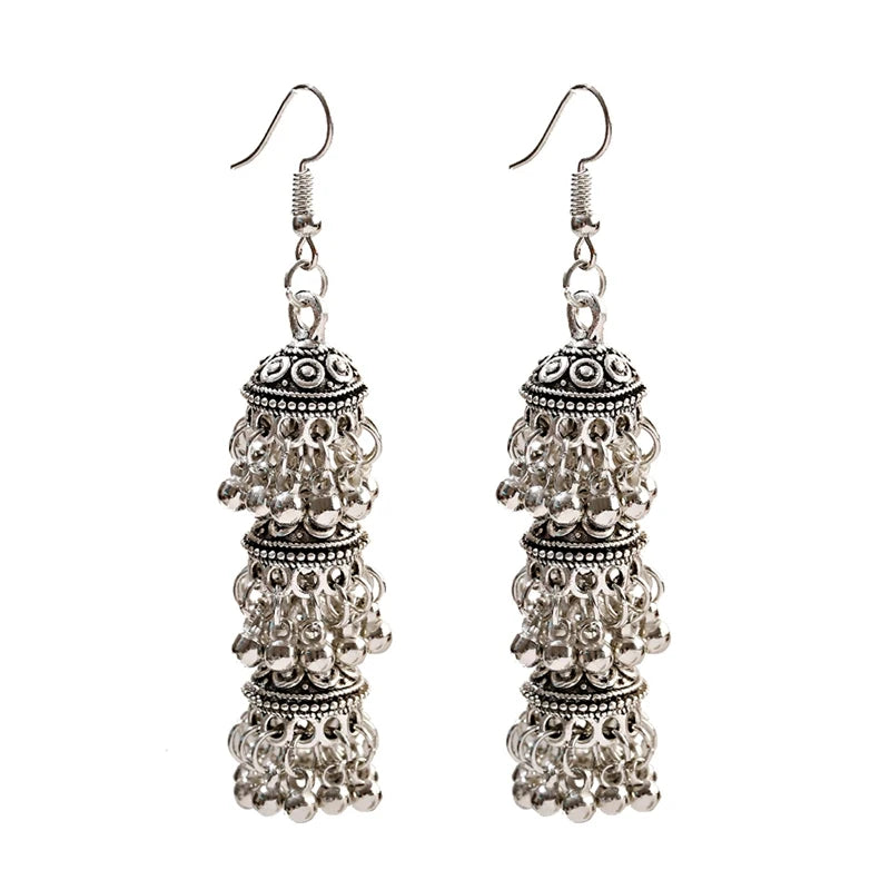 أقراط هندية على شكل أجراس فضية اللون عرقية للنساء أقراط Jhumka التركية العتيقة مجوهرات بوهو بيجو