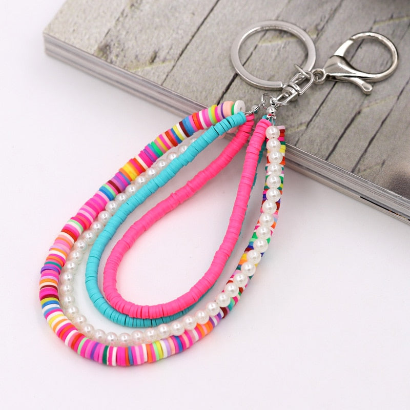 Bohemian Handmade Jewelry Key Chain Multilayer Polymer Clay Pearl Accessories Keychains for Women Bag Car Keyring Pendant