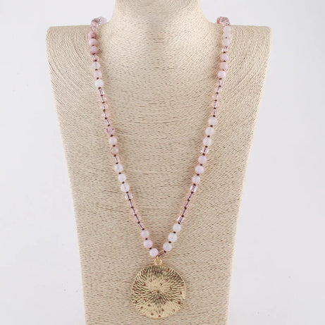 RH Fashion Bohemian Jewelry Natural Stones With Glass Links Crystal Round Pendant Necklaces For Women Boho Gift - Charlie Dolly