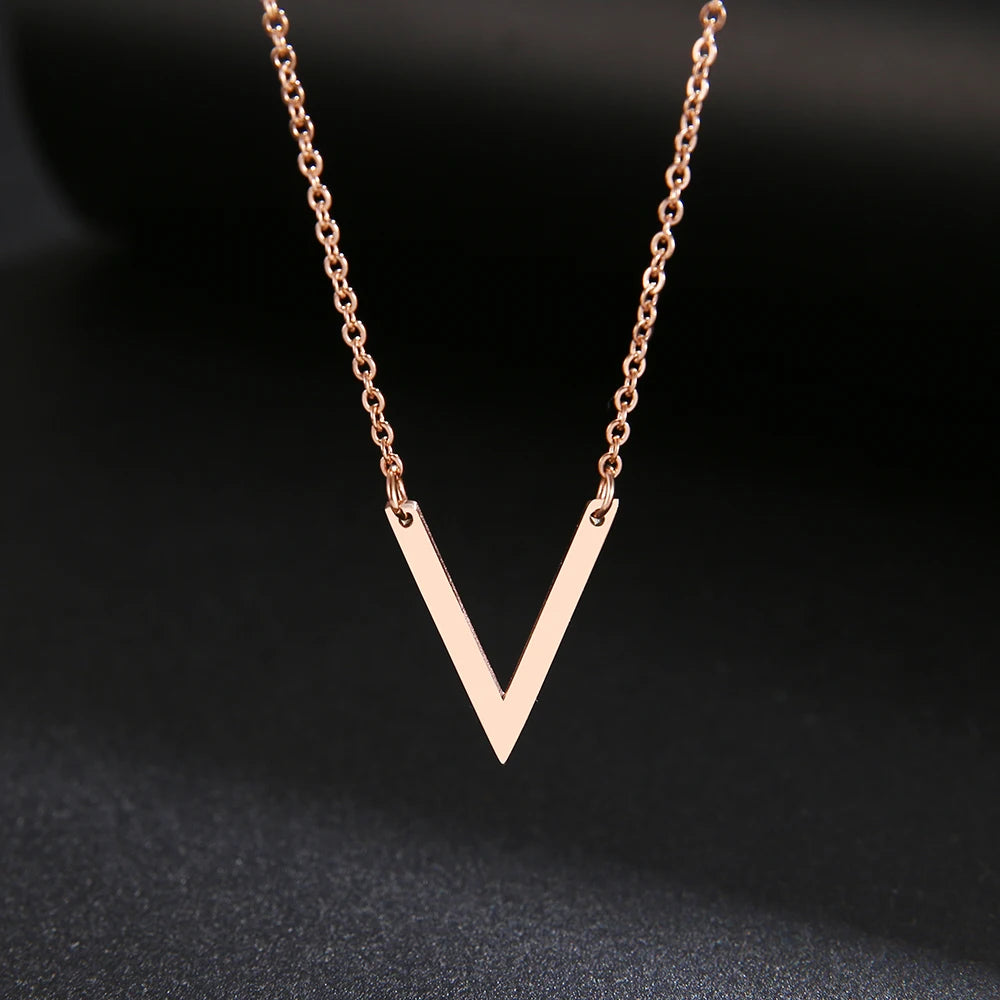 DOTIFI Stainless Steel Necklace For Women Lover's Gold And Rose Gold Color Simple V Pendant Necklace Engagement Jewelry Friends - Charlie Dolly