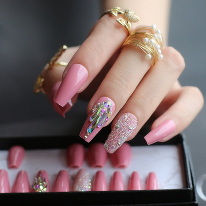 pink coffin crystal bling false nails Acrylic nails ballet caviar Design nails Custom logo with Adhesive tabs sticker