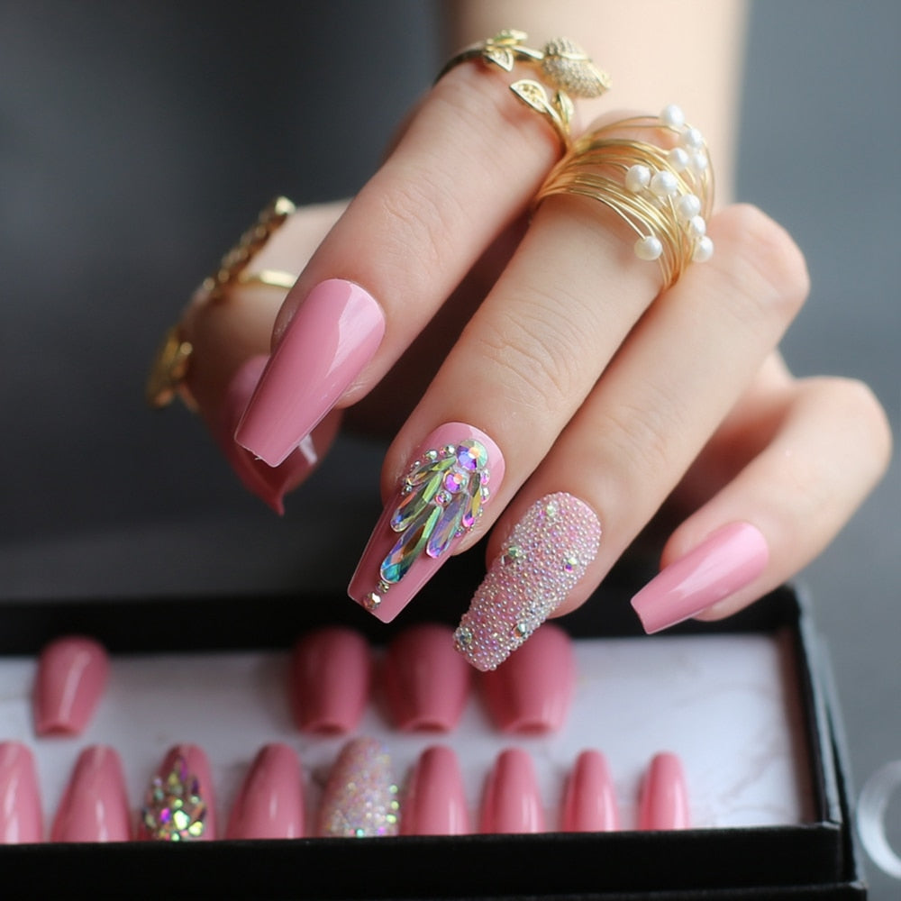 pink coffin crystal bling false nails Acrylic nails ballet caviar Design nails Custom logo with Adhesive tabs sticker - Charlie Dolly