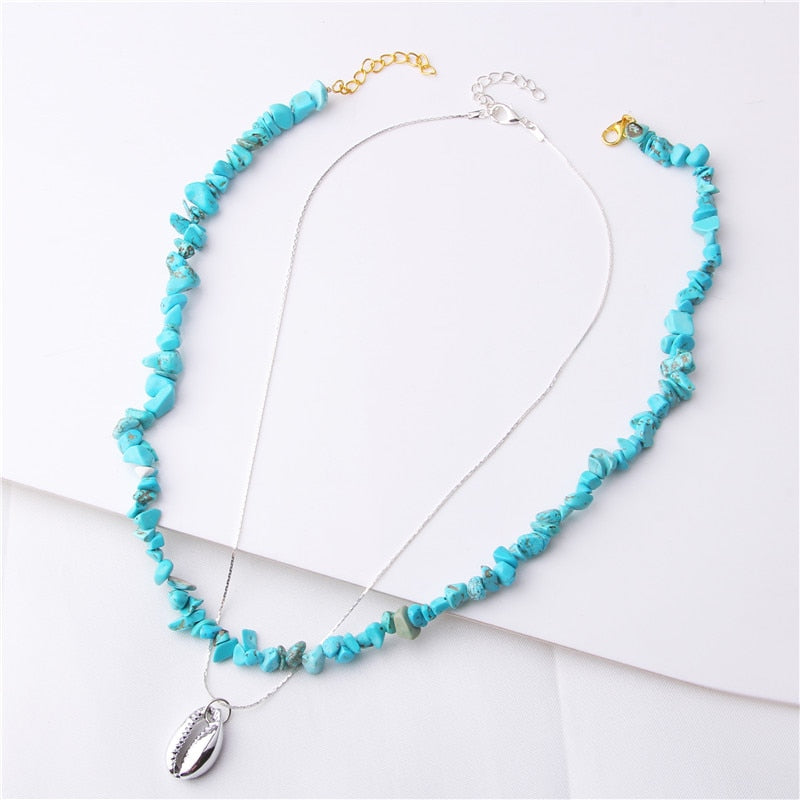 Bohemian Multilayer Necklace Rhodonite Blue Stone Red Coral Handmade Necklaces for Women Shell Pendant Necklace Party Jewelry - Charlie Dolly