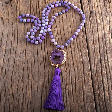 Knotted Druzy Stone Tassel Necklace Jewelry