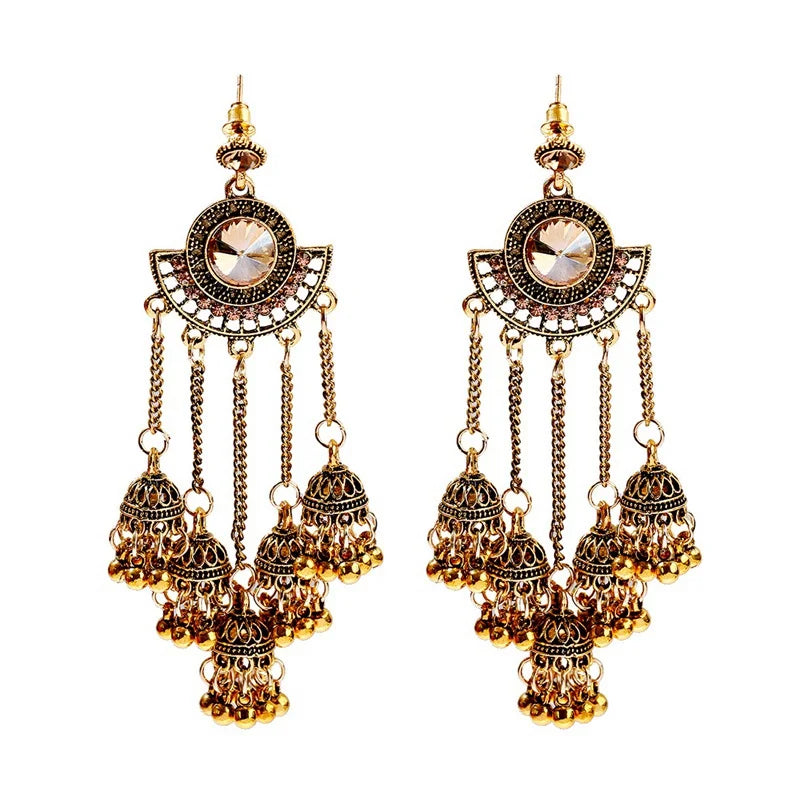 Indian Jhumka Earrings Gold Sliver Color Big Bells Drop Long Tassel Earring For Women Boho Gypsy Jewelry Gift