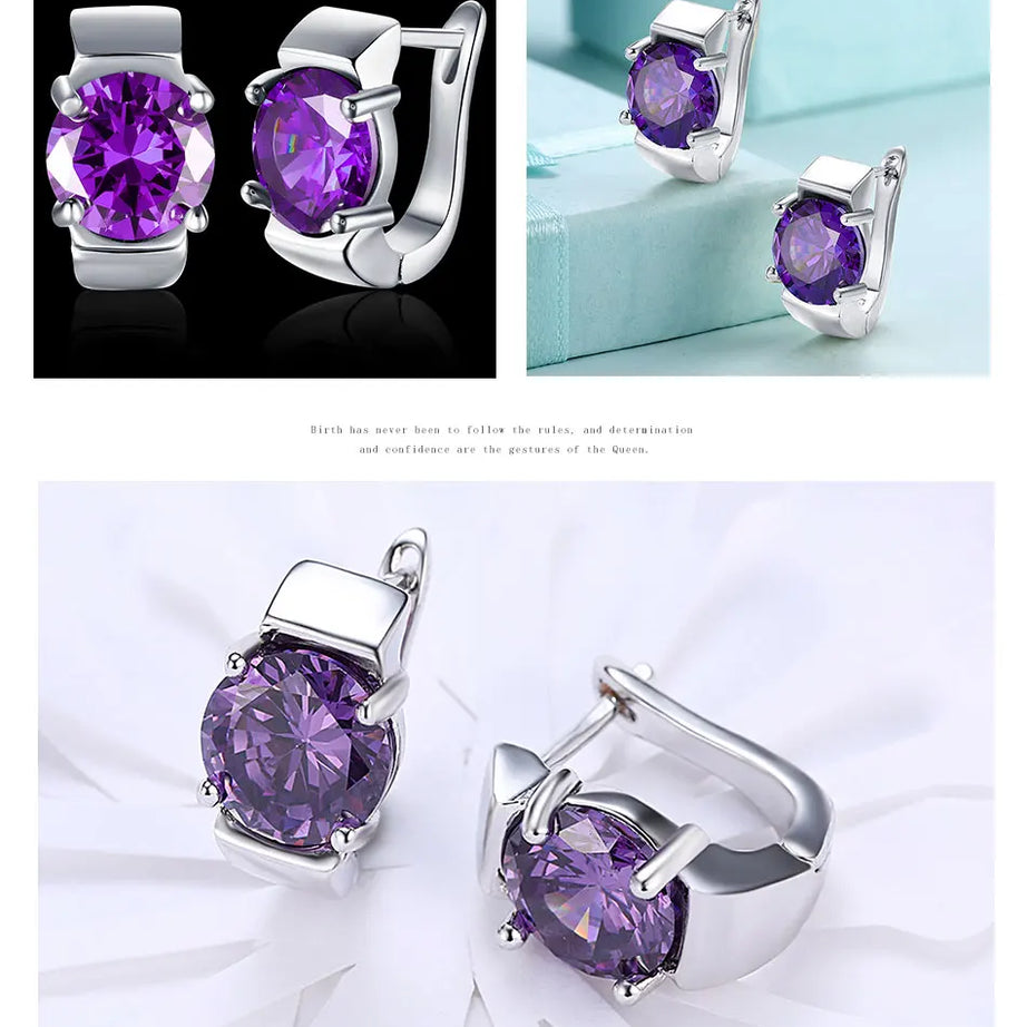 925 Silver Amethyst Hoop Earrings, Colorful Gemstone Wedding Jewelry