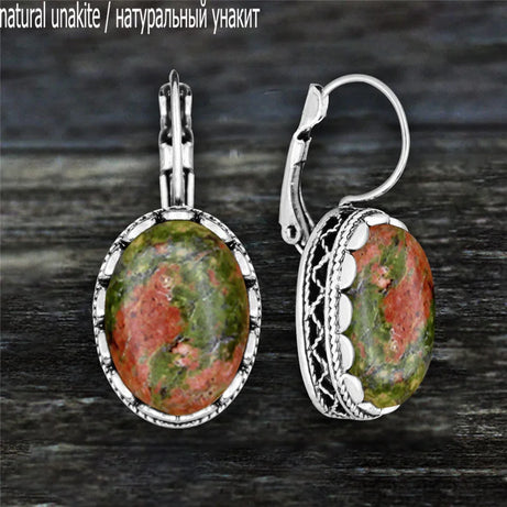Oval Amethysts Earrings For Women Tibetan Silver Natural Stone Rose Quartz Lapis Lazuli Tiger Eye Fashion Earring - Charlie Dolly