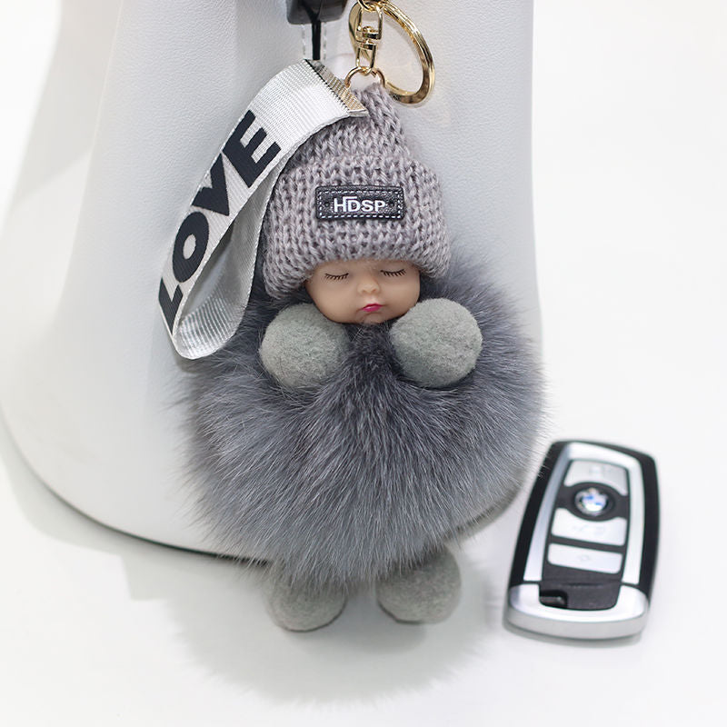 Pompom Sleeping Baby Keychain Cute Fluffy Plush Doll Keychains Women Girl Bags Keyrings Cars Key Ring  Gift Charming  Decoration - Charlie Dolly