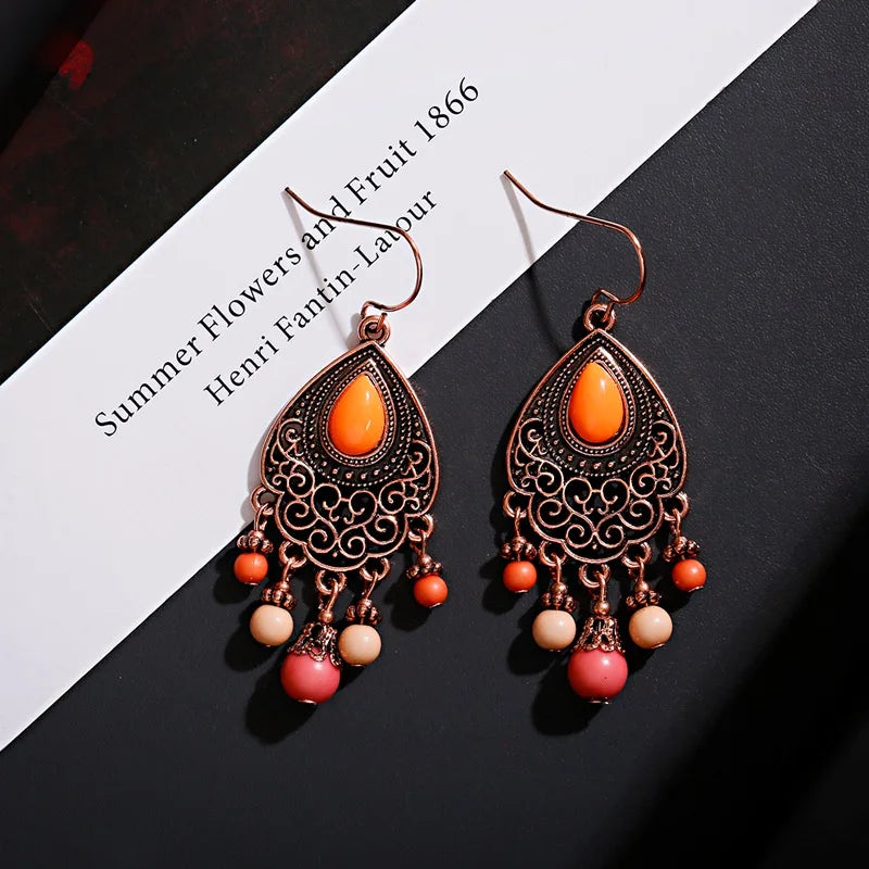 Bohemian Orange Beaded Tassel Drop Earrings Ethnic Carved Alloy For Women Vintage Stone Boho Ladies Earrings