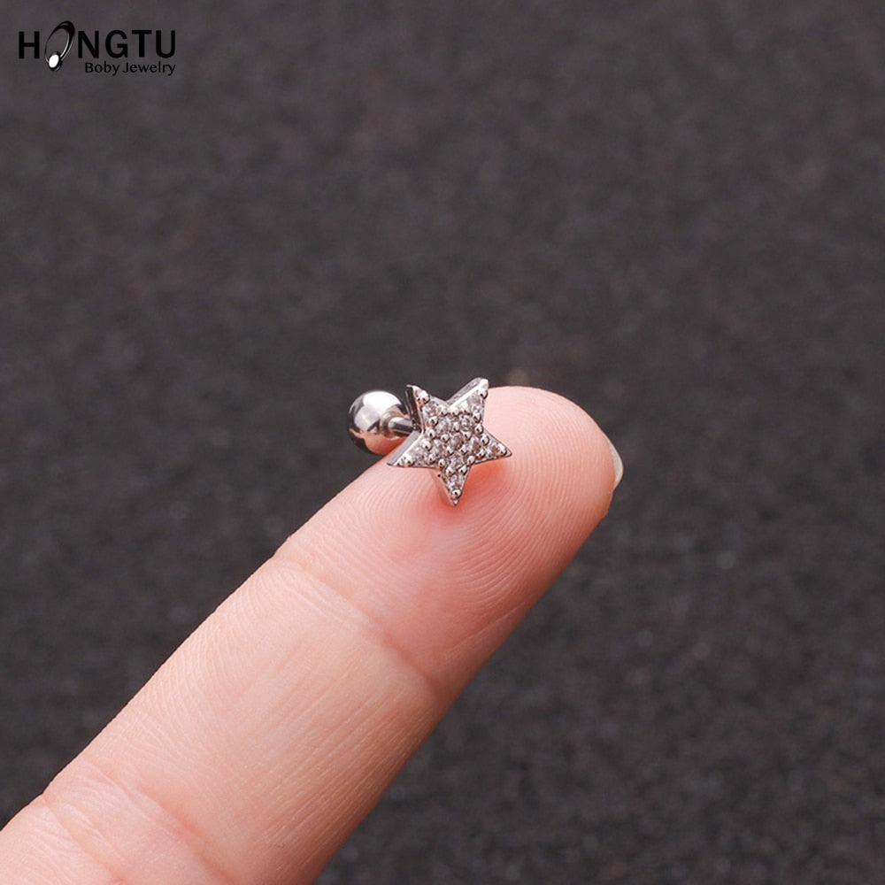 HONGTU 1PC Copper Flower Heart Moon Zircon Tragus Ear Piercing Surgical Steel Shaft Bar Daith Earrings Helix Cartilage Studs 16g - Charlie Dolly