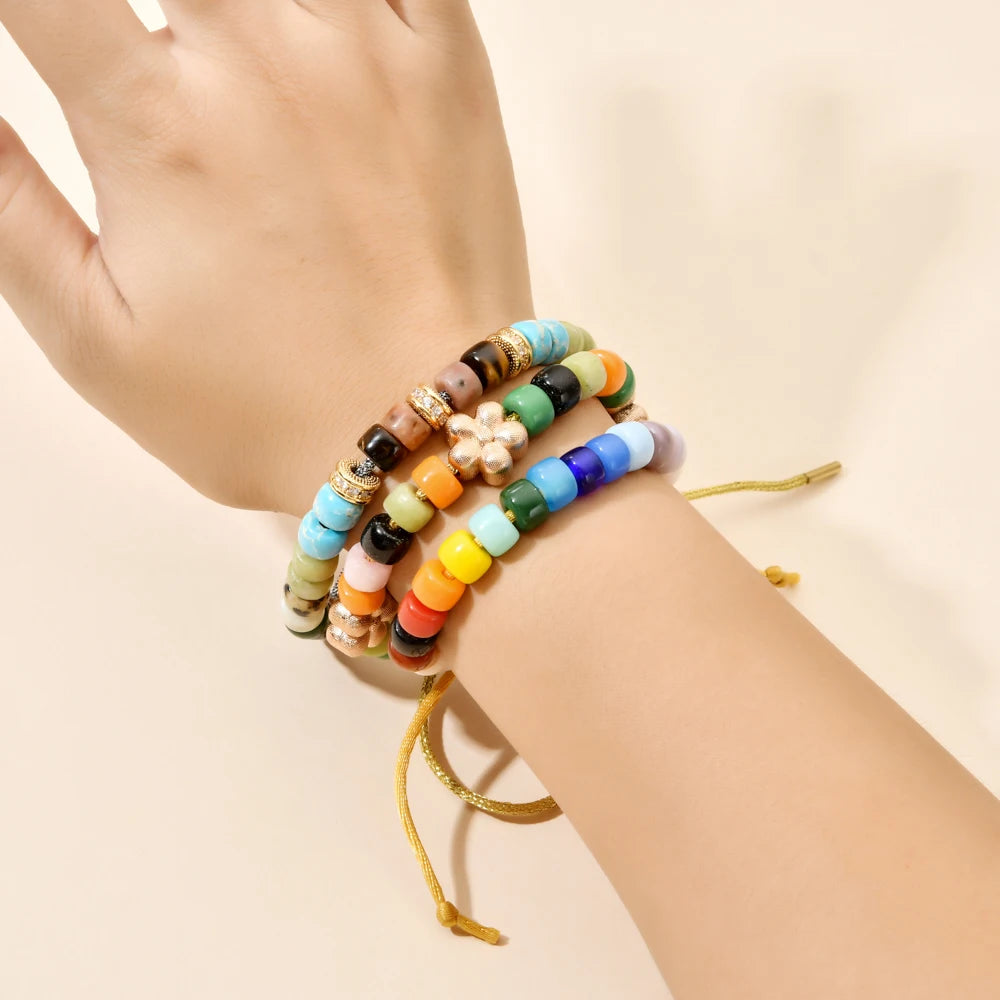 Vintage Boho Handmade Pull Tie on Rope Bracelet DIY Natural Stones Crystal Charm Beads Stone Trendy Bracelet Lucky Jewelry