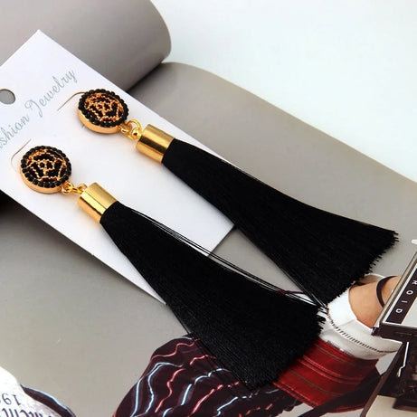 Silk Rose Flower Crystal Long Tassel Earrings Jewelry