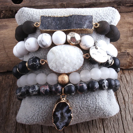 New Designer Boho Beaded Bracelet Set Natural Stone & Druzy 5pc Bracelets Bangles Set For Fashion Jewelry - Charlie Dolly