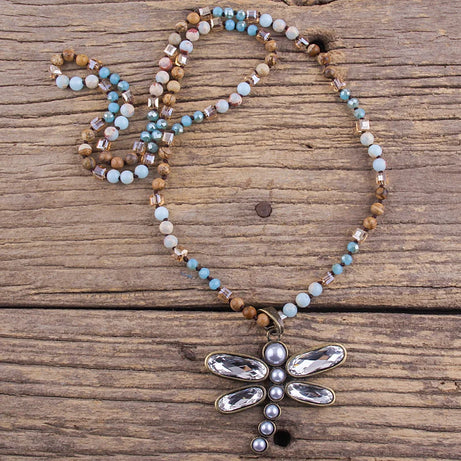 Dragonfly Long Knotted Stone Necklace Jewelry