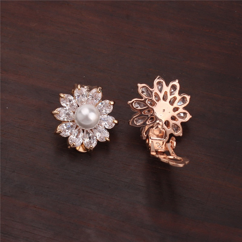 WENHQ New Cubic Zircon Pearl Clip on Earrings No Pierced for Women Girl Fashion Gold Color Flower Shape Ear Clip Fake Earrings
