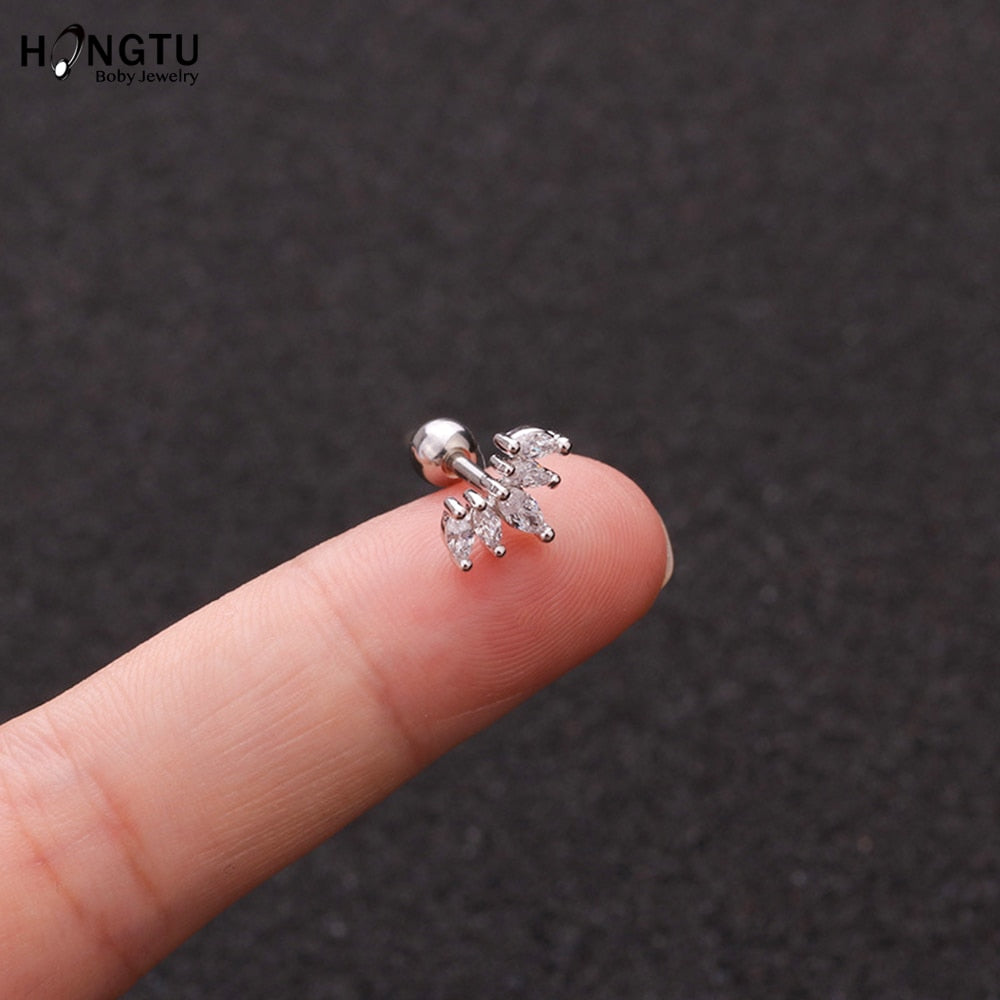 HONGTU 1PC Copper Flower Heart Moon Zircon Tragus Ear Piercing Surgical Steel Shaft Bar Daith Earrings Helix Cartilage Studs 16g - Charlie Dolly