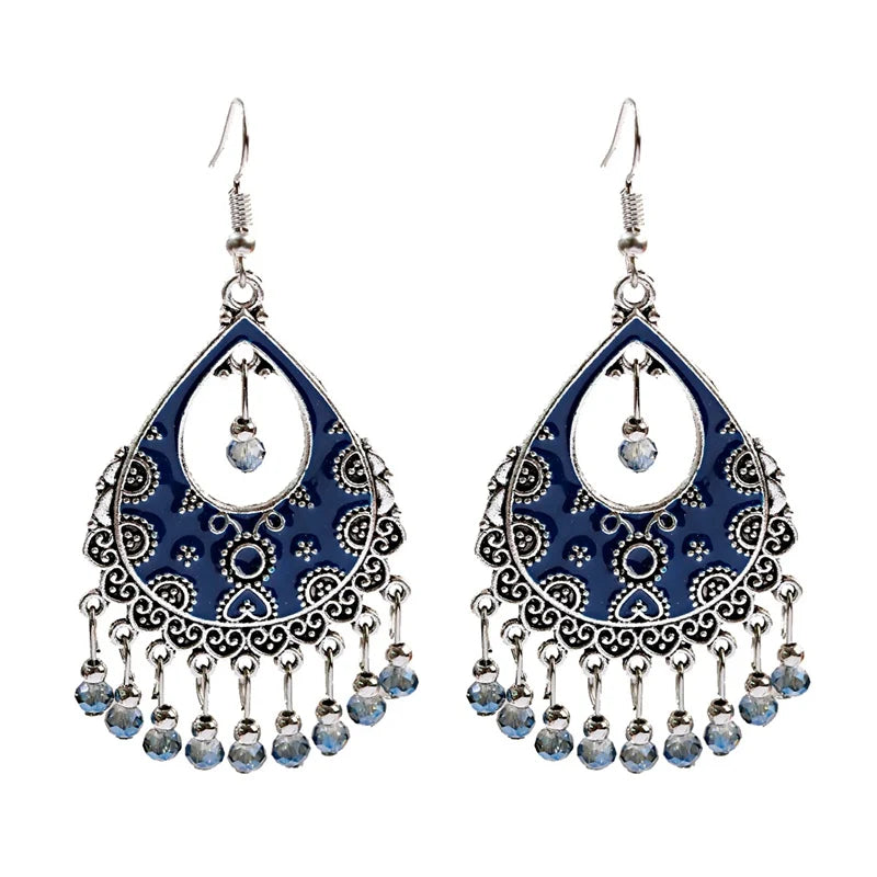 خمر الخرز الأحمر شرابة أقراط الزفاف الهندي Jhumka العتيقة بوهو الفضة اللون زهرة منحوتة إسقاط أقراط Brincos مجوهرات