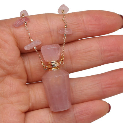 Natural Stone Perfume Bottle Necklace Pink Quartz Pendant Charms For Elegant Women Love Romantic Gift 60 CM
