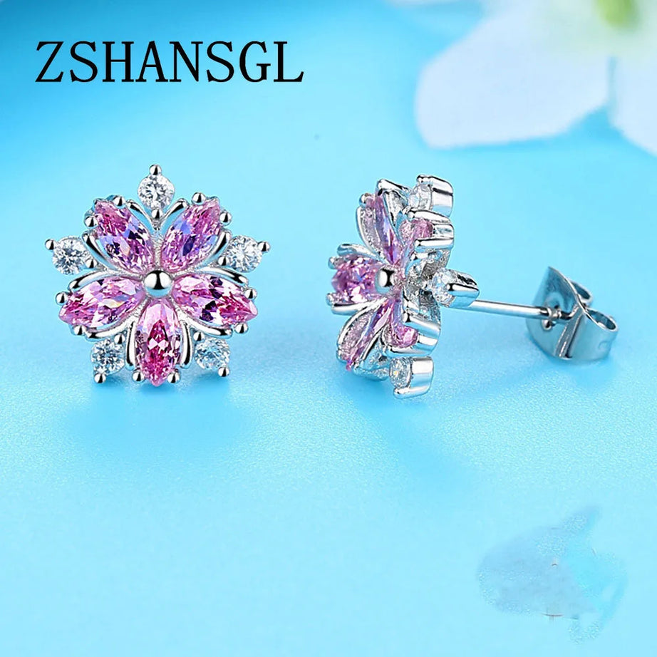 Pink Crystal Sakura Snowflake Stud Earrings Jewelry