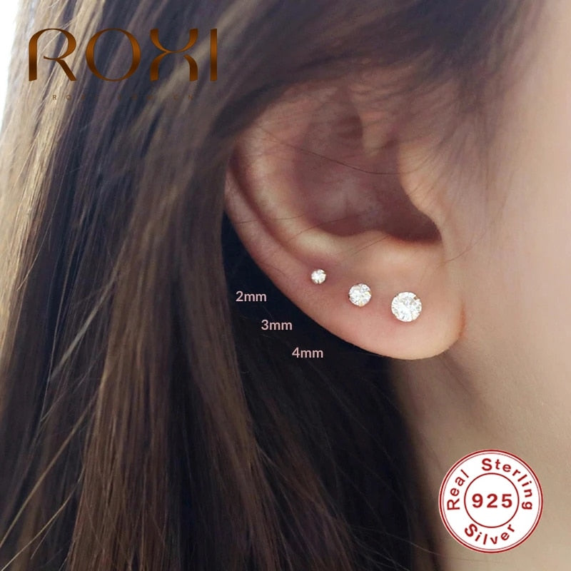 ROXI 3PCS 2/3/4mm 925 Sterling Silver Four-claw Solitaire Piercing Earrings for Women Girls Lovely Round Cartilage Stud Earring