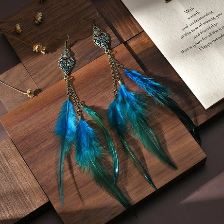 Feather Rhinestone Chain Tassel Long Earrings Jewelry
