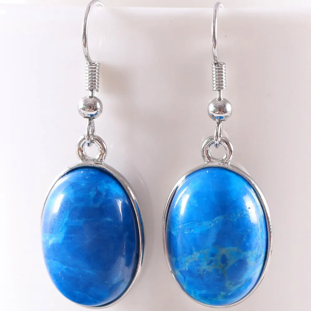 Natural Stone White Opal Howlite Dangle Earrings for Women Gem Blue Lapis Cabochon CAB Oval Beads Drop Earrings