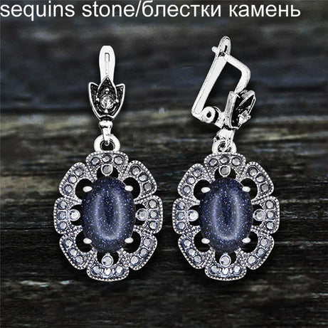 Vintage Plumflower Natural Jades Quartz Earrings For Women Antique Silver Plated Lapis Lazuli Tiger Eye Stone Fashion Earring - Charlie Dolly
