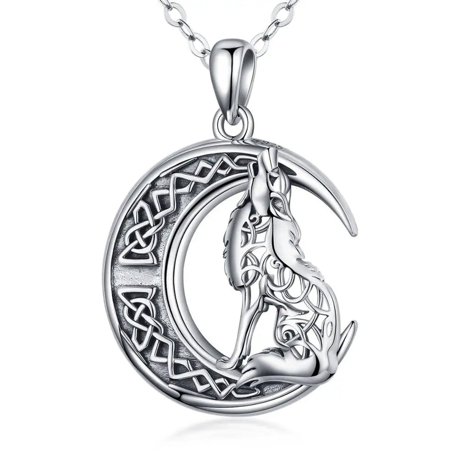 S925 Sterling Silver Wolf & Moon Pendant Necklace, Valknut Odin Norse Viking Amulet