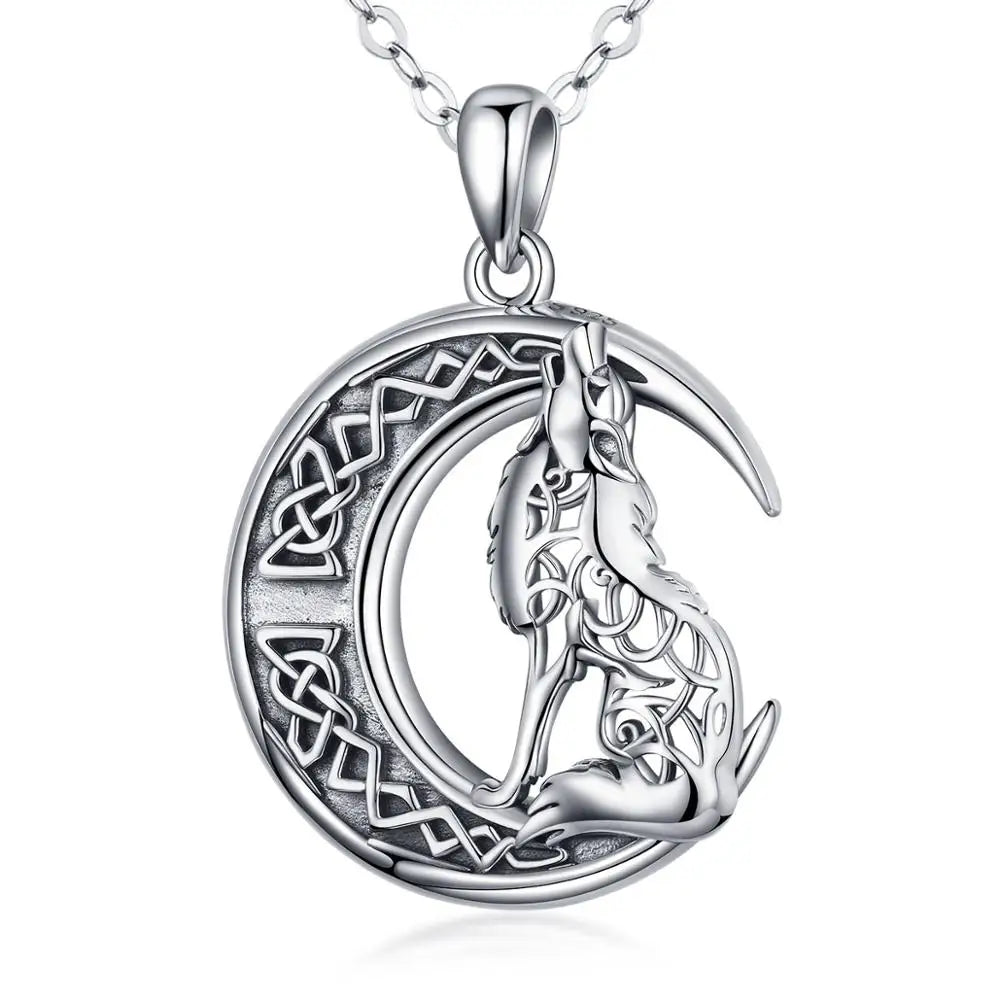 Eudora 925 Sterling silver Wolf on the Moon Necklace Valknut Odin 's Symbol of Norse Viking Warriors Men'women Necklaces CYD554