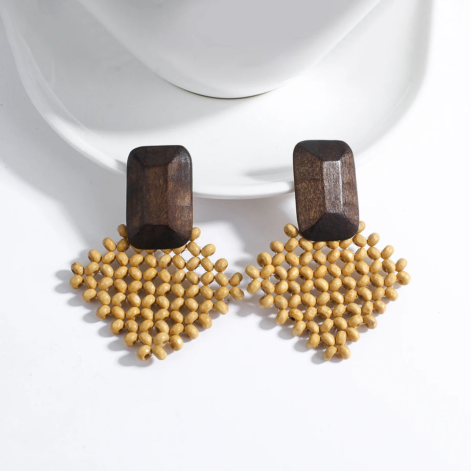 Wooden Rattan Braid Geometric Drop Earrings Jewelry
