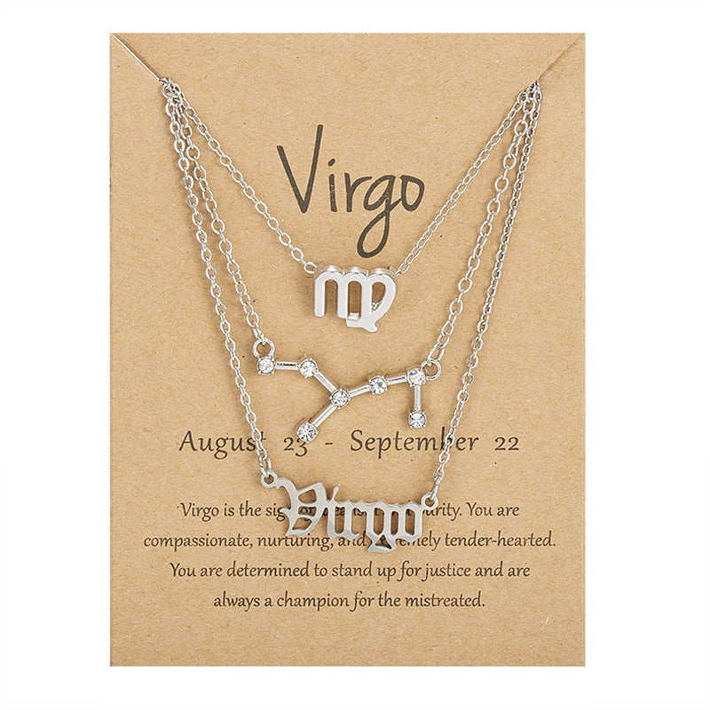 3Pcs/set 12 Zodiac Sign Necklace For Women 12 Constellation Pendant Chain Choker Birthday Jewelry With Cardboard Card - Charlie Dolly