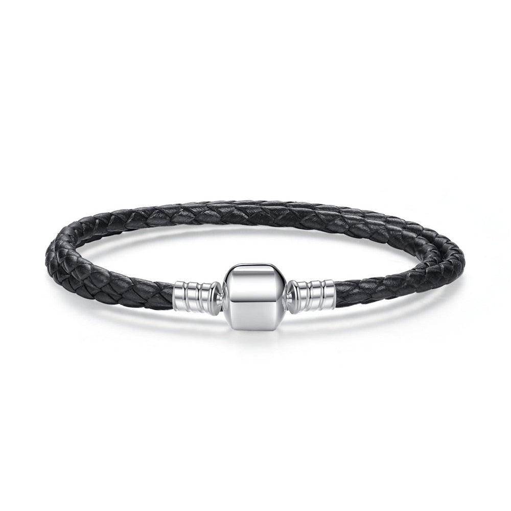 BAMOER Genuine Long Double Pink Black Braided Leather Chain Women Bracelets with 925 Sterling Silver Snake Clasp PAS908 - Charlie Dolly