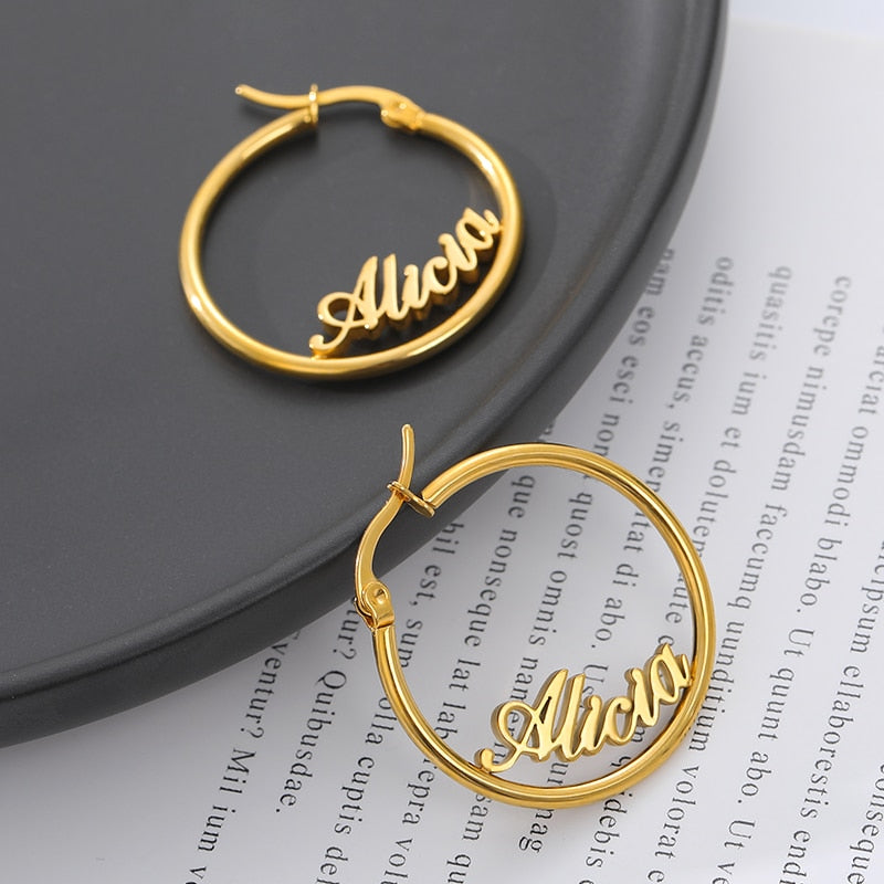 Personalized Name Stainless Steel Letter Stud Earrings For Women Fashion Custom Name Piercing Earrings Nameplate Open Round