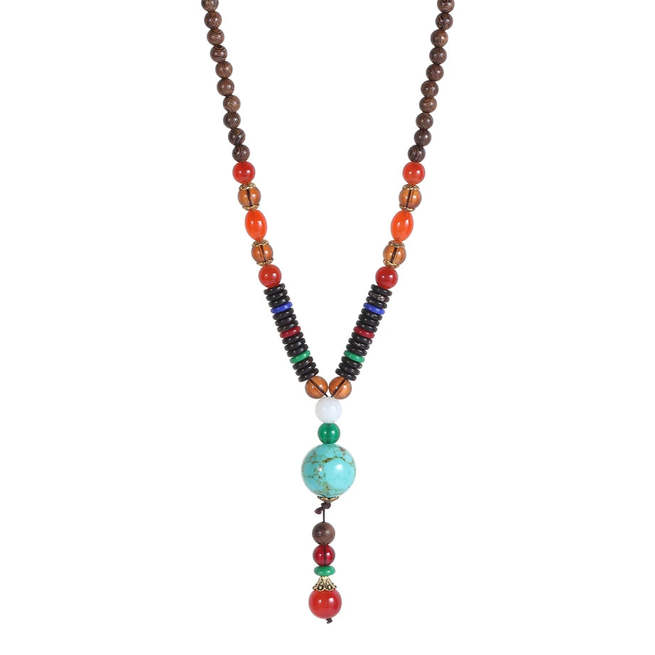 Nepal Wood Bead Pendant Long Necklace Jewelry