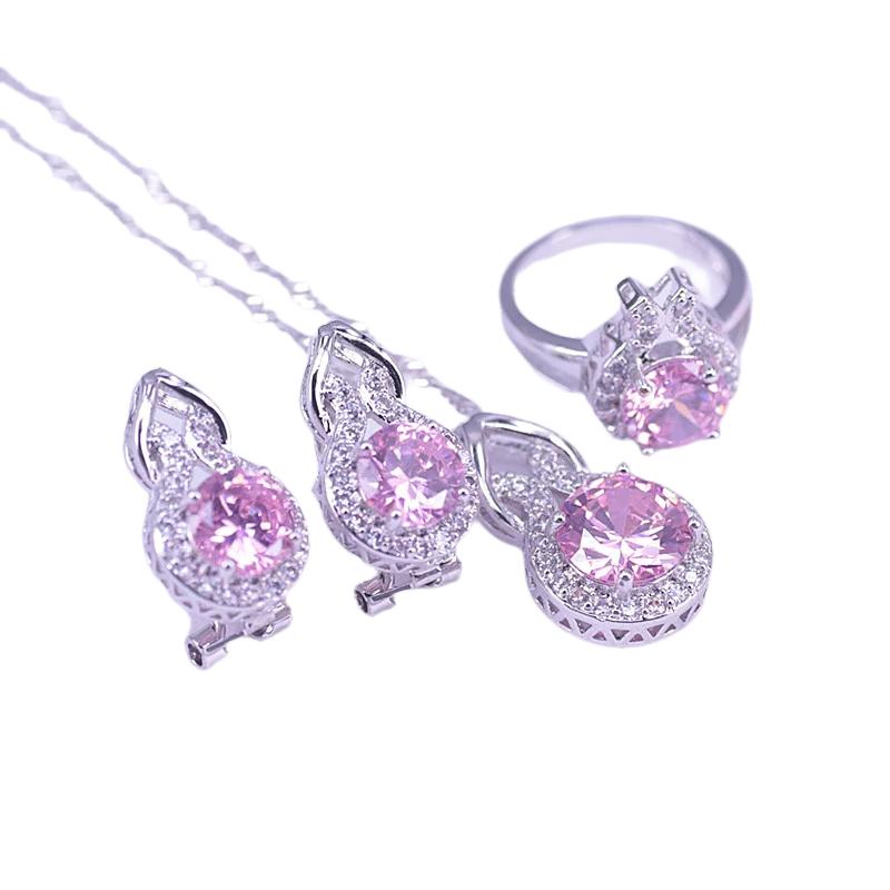 Risenj Princess Pink 925 Sterling Silver Jewelry Set For Women Hoop Earrings Ring Necklace Bracelet Set Bridal Jewelry - Charlie Dolly