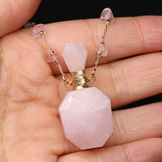 Natural Stone Perfume Bottle Necklace Pink Quartz Pendant Charms For Elegant Women Love Romantic Gift 60 CM - Charlie Dolly