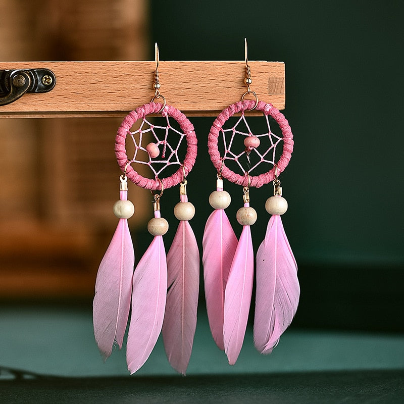 Bohemian Hollow Dream Catcher Leaf Feather Earrings For Women Indian Jewelry Blue Natural Stone Drop Dangle - Charlie Dolly