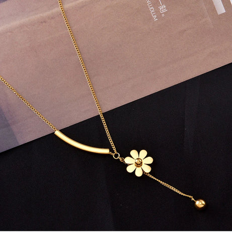 Stainless Steel Long Flower Pendant Necklace, Vintage Blooming Clavicle Chain