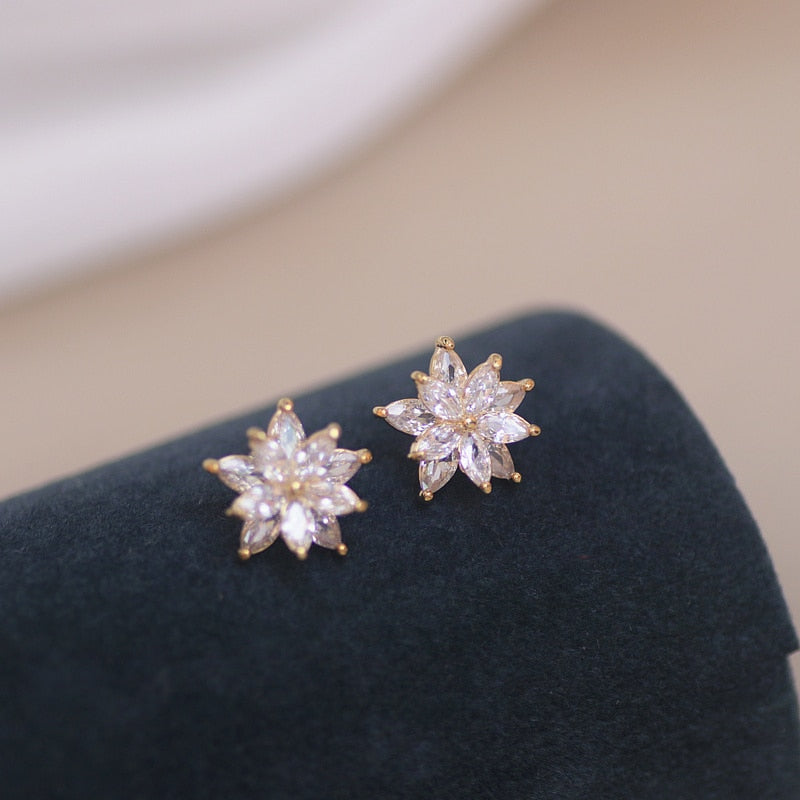 High Quality Luxury Bling Zircon Flower Stud Earrings For Women Sweet Cute Clear White Crystal Earrings Wedding Ear Stud Jewelry - Charlie Dolly