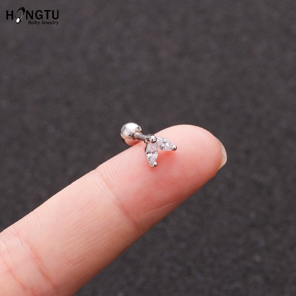 HONGTU 1PC Copper Flower Heart Moon Zircon Tragus Ear Piercing Surgical Steel Shaft Bar Daith Earrings Helix Cartilage Studs 16g - Charlie Dolly