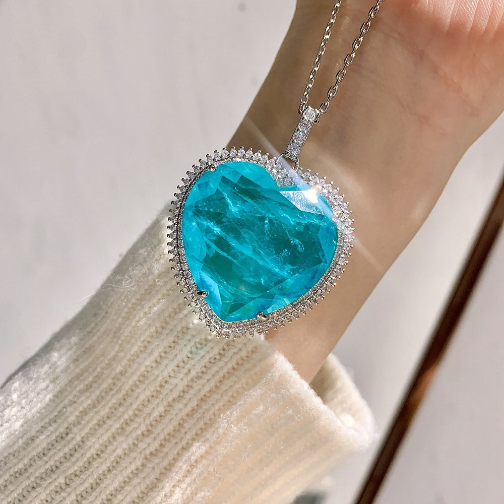 2021 32*32mm Heart Blue Crystal Paraiba Tourmaline Moissanite Gemstone Pendant Necklace for Women Fine Jewelry Anniversary Gift - Charlie Dolly