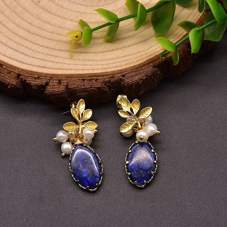 GLSEEVO Natural lapis lazuli Pearl Temperament Drop Earrings Women Girls Party Gift Original Design Luxury Jewellery Gift GE0988 - Charlie Dolly