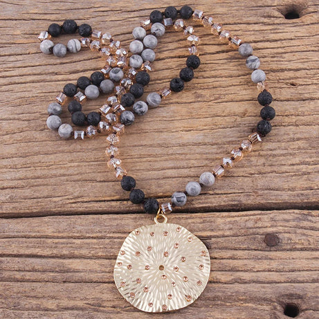 RH Fashion Bohemian Jewelry Natural Stones With Glass Links Crystal Round Pendant Necklaces For Women Boho Gift - Charlie Dolly