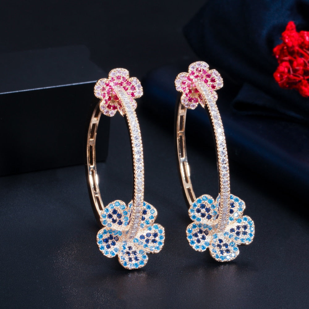 CWWZircons Designer Elegant Micro Pave Blue Red CZ Light Gold Color Big Round Flower Hoop Earrings for Women Jewelry Gift CZ810 - Charlie Dolly