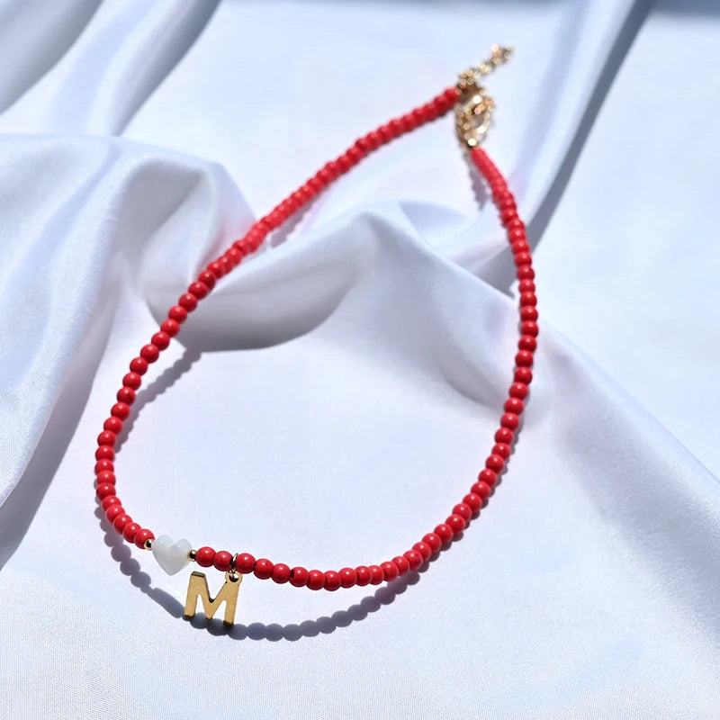 Colorful Beads Initial Choker for Women Stainless Steel Letter Pendant Necklace Fashion Shell Heart Jewelry Boho Accessories