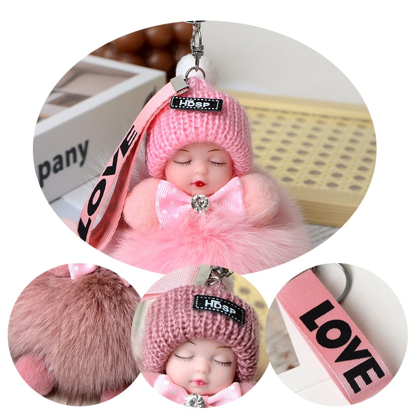 Pompom Sleeping Baby Keychain Cute Fluffy Plush Doll Keychains Women Girl Bags Keyrings Cars Key Ring  Gift Charming  Decoration - Charlie Dolly
