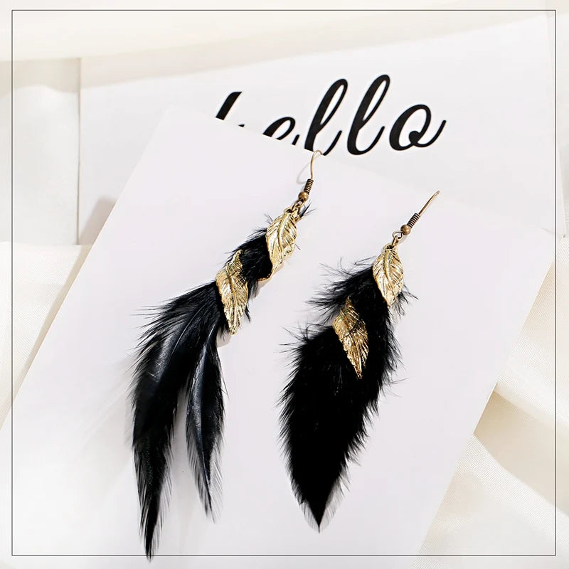 Summer Boho Feather Earrings For Women Kolczyki 2022 Gold Color Leaf Pendant Blue Pink Long Earrings Brinco Feminino